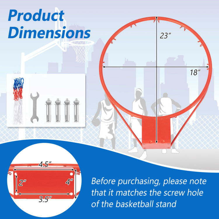 18 Inch Basketball Rim Goal Replacement with All Weather Net and Mounting Hardware