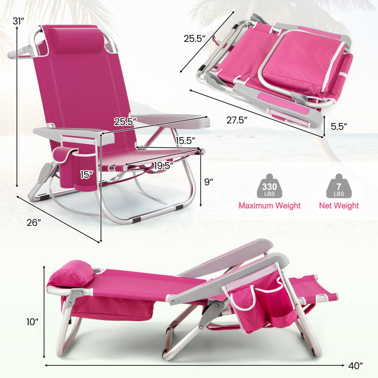 1 Piece Foldable Backpack Beach Chair with Cup Holder and Storage Pockets for Outdoor