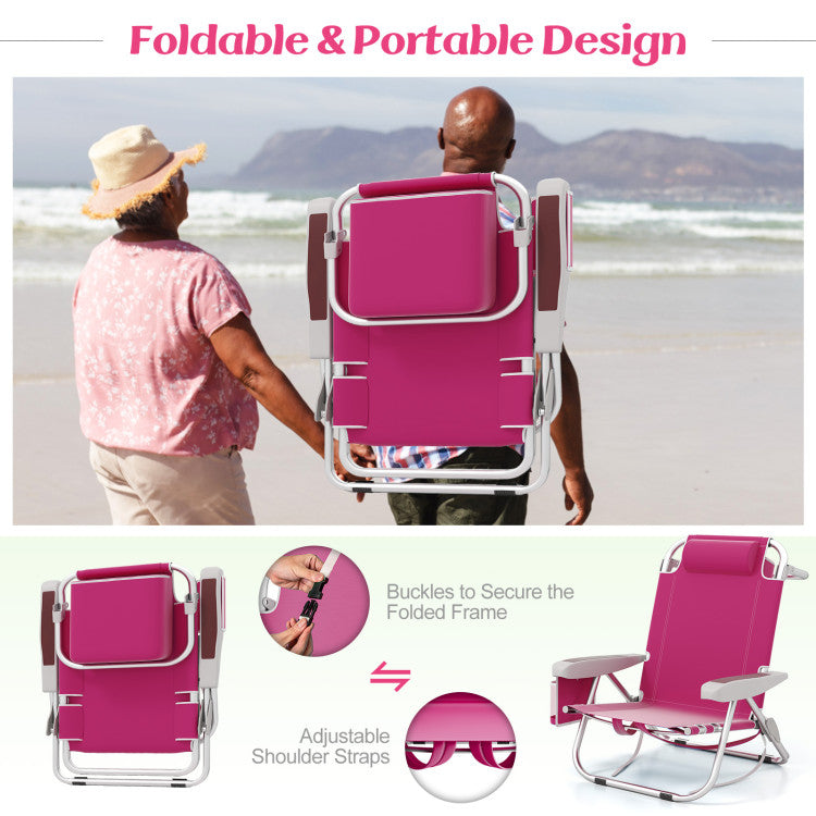 1 Piece Foldable Backpack Beach Chair with Cup Holder and Storage Pockets for Outdoor