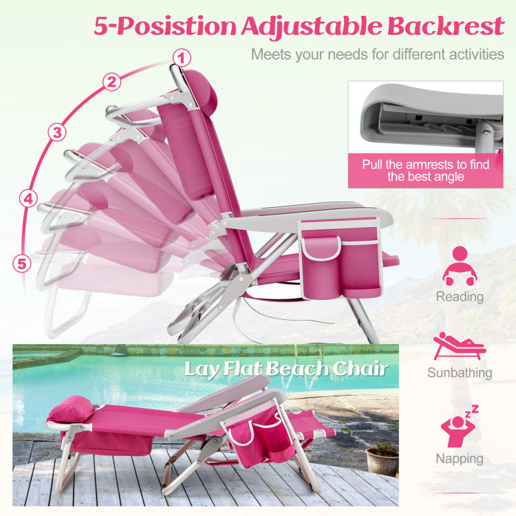 1 Piece Foldable Backpack Beach Chair with Cup Holder and Storage Pockets for Outdoor