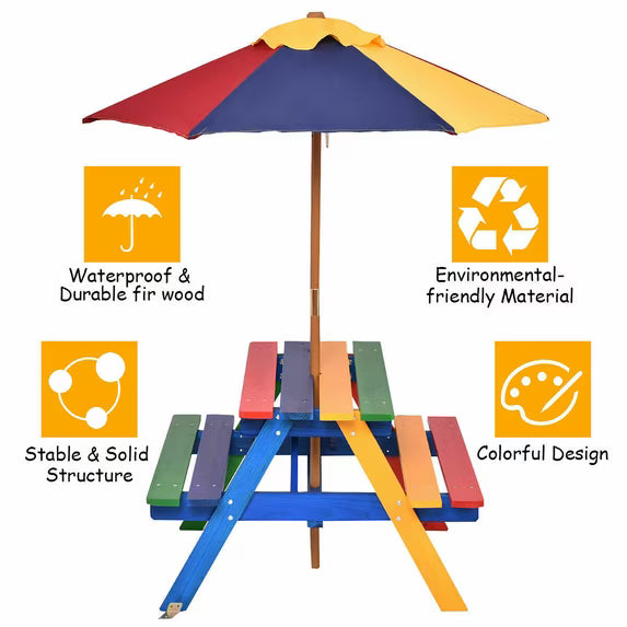 4 Seat Kids Picnic Table w/Umbrella Garden Yard Folding Children Bench Outdoor