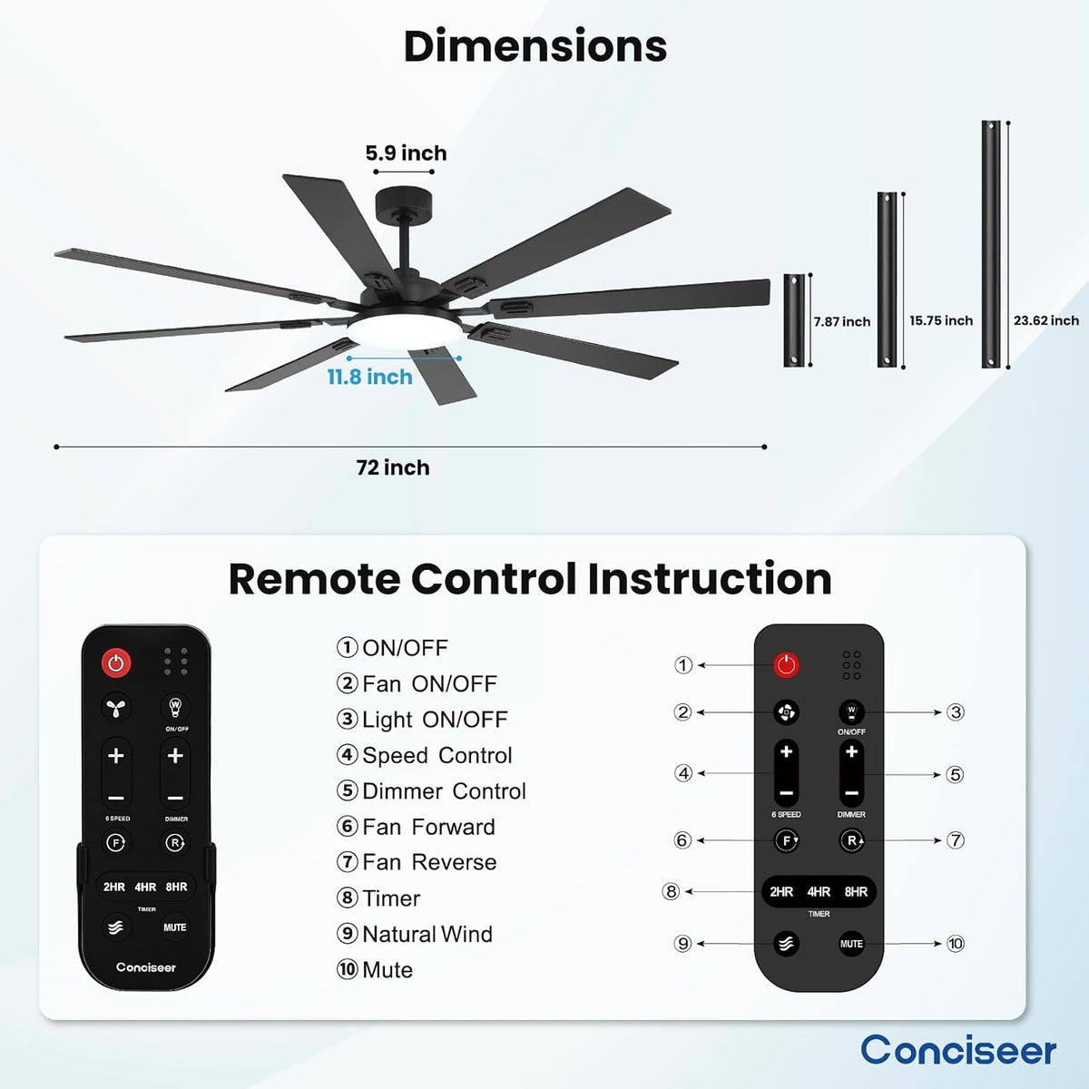 72 Inch Ceiling Fans with Lights and Remote, Dual Color 8 Blades