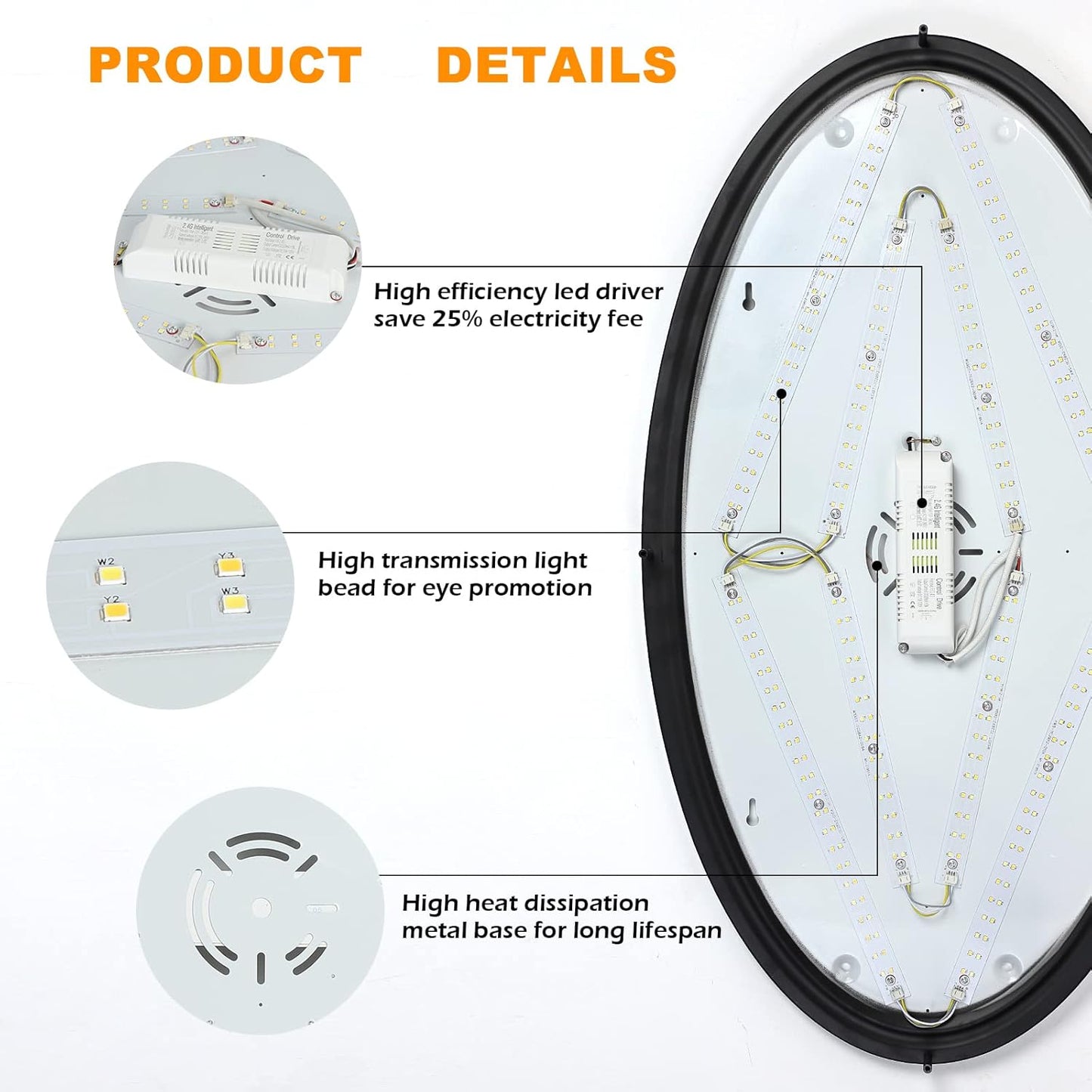 DLLT 65W Dimmable LED Flush Mount Ceiling Light with Remote, 32" Oval Black Dllt