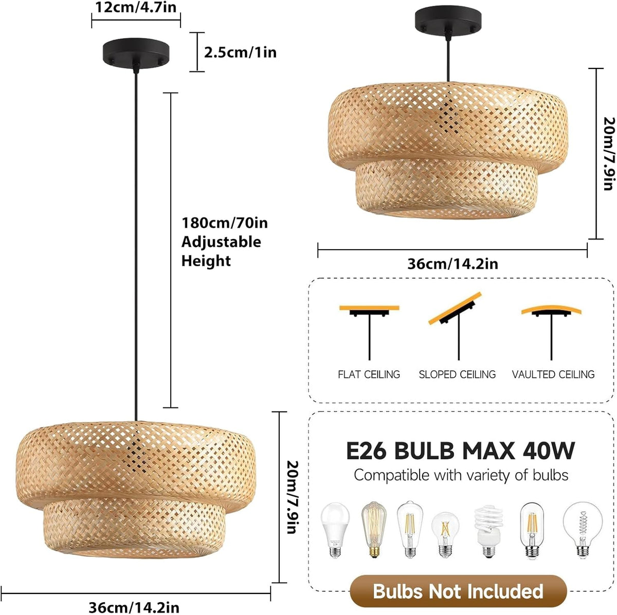 Bamboo Lights Fixtures 14.2in Rattan Pendant Light Kitchen Island 2-Tier Wicker Hanging Light Hualuosi