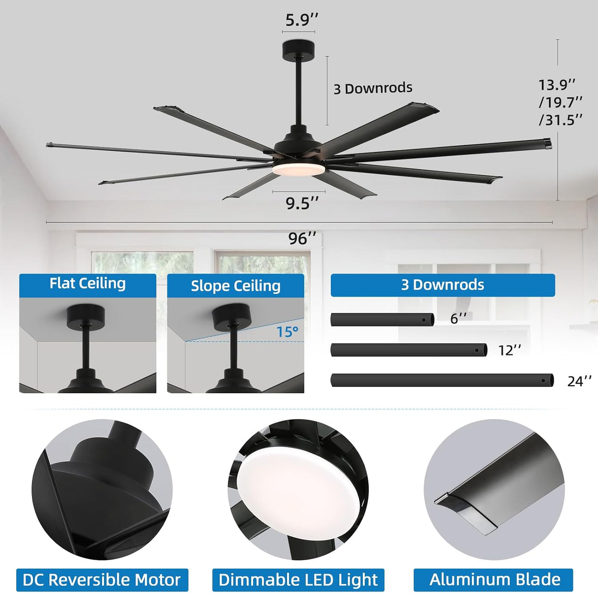 96 Inch Industrial Ceiling Fan with Light and Remote Control, Large Ceiling Fans with 8 Reversible Aluminum Blades