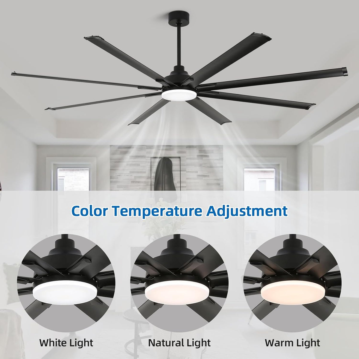 96 Inch Industrial Ceiling Fan with Light and Remote Control, Large Ceiling Fans with 8 Reversible Aluminum Blades