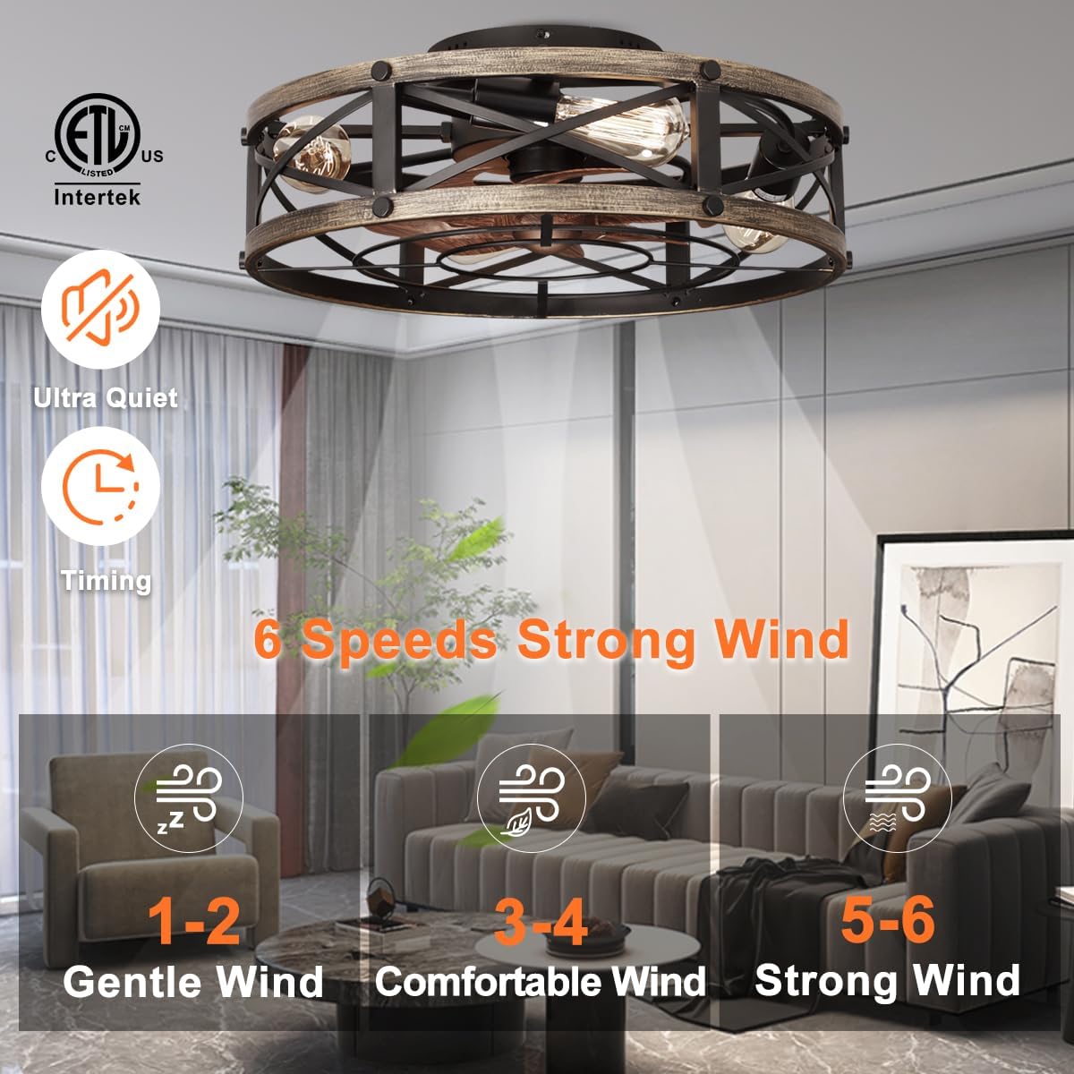 19 " Caged Ceiling Fan with Light and Remote, Farmhouse Fandelier