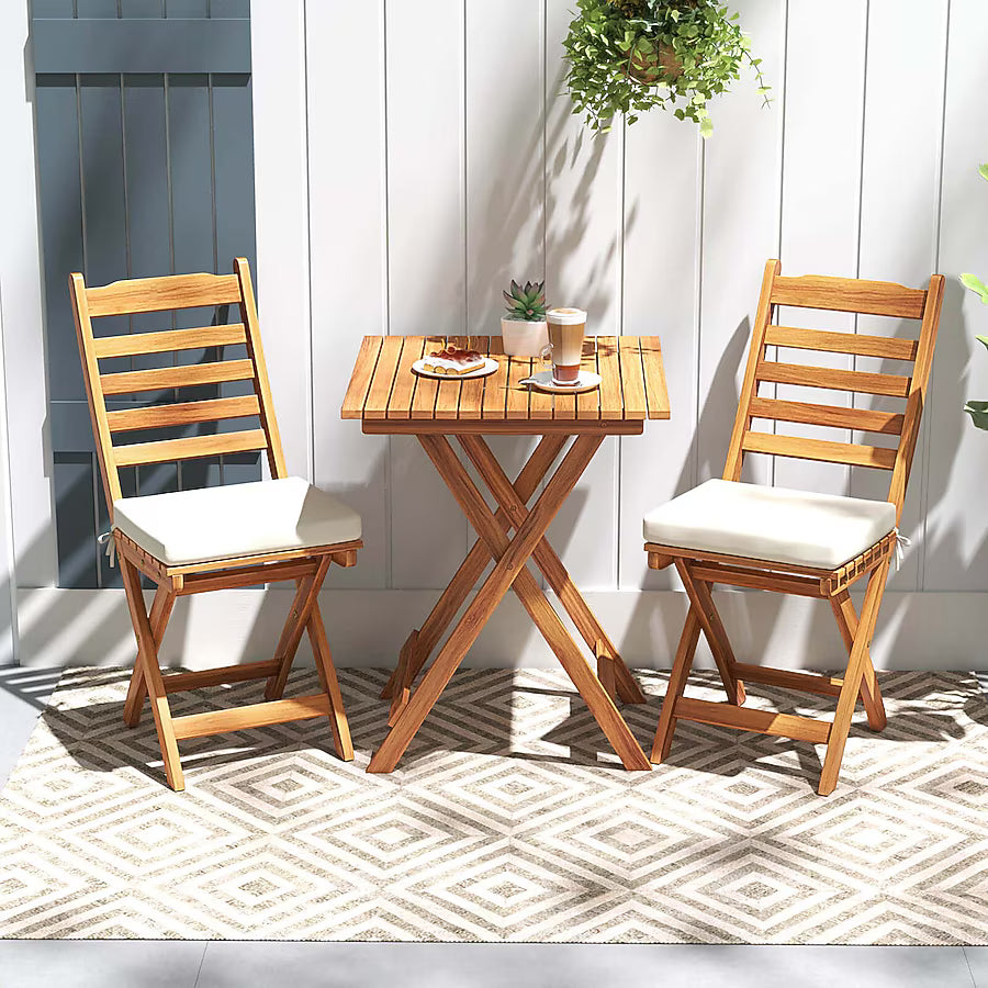 3-Piece Folding Bistro Set with Removable Seat Cushions Outdoor Table and Chairs
