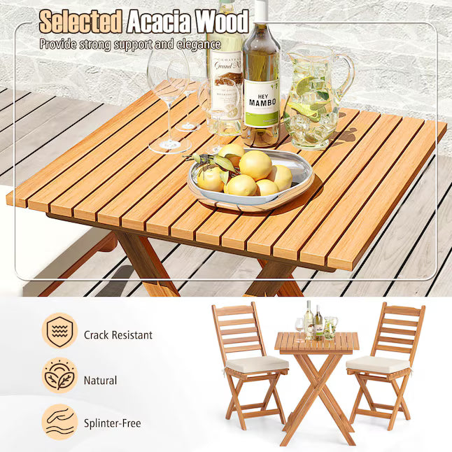 3-Piece Folding Bistro Set with Removable Seat Cushions Outdoor Table and Chairs