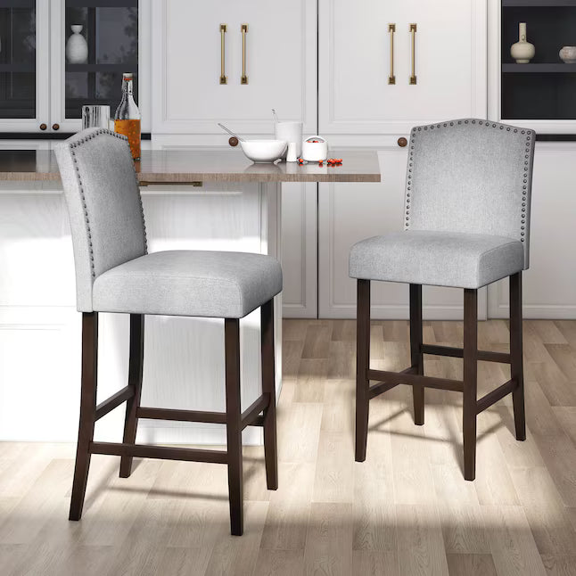 Set of 2 Bar Stools 30 inches Upholstered Kitchen Breakfast Nailhead Bar Chairs Gray