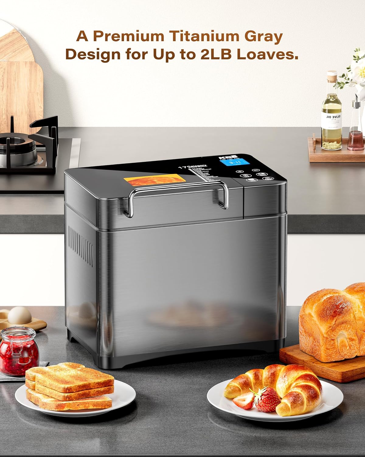 2LB Bread Maker Dual Heaters, 17-in-1 Stainless Steel Bread Machine