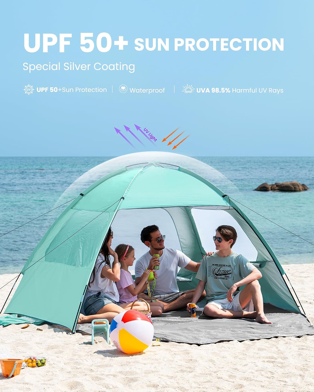 Beach Tent for 4 Person, Portable Sun Shade Shelter | 3 Large Mesh Windows
