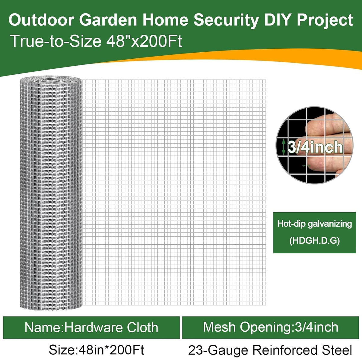 48in x 200ft Hardware Cloth Hot-Dip Galvanized Welded Wire Mesh - Heavy Duty 3/4inch