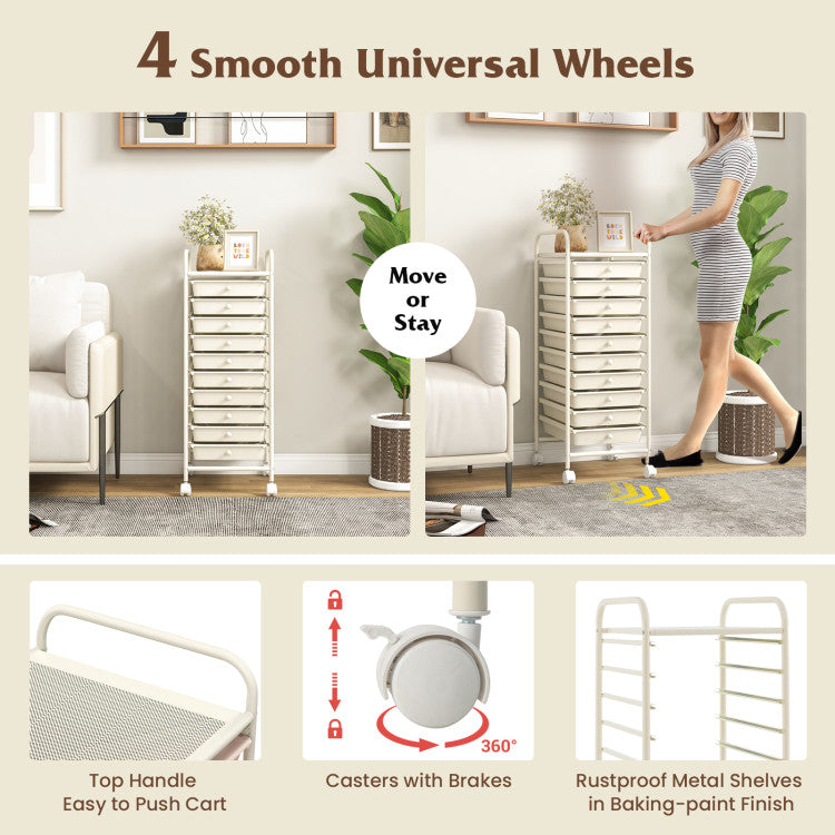 10 Drawer Rolling Storage Cart Organizer with 4 Universal Casters
