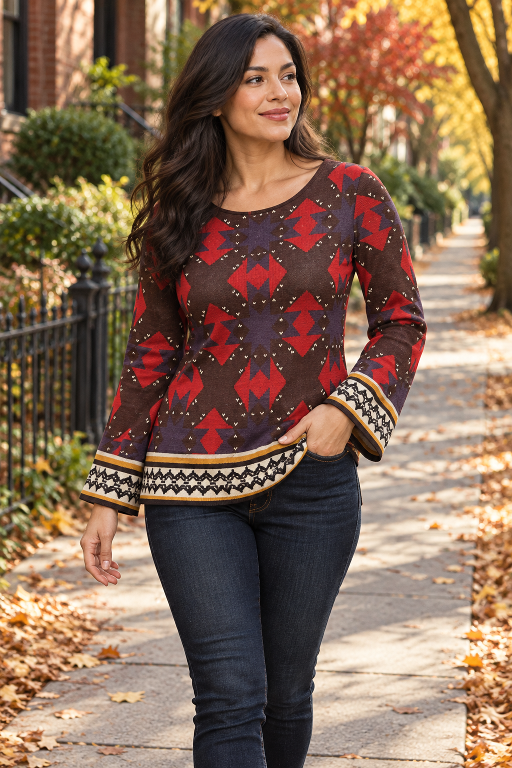 Women’s Ingrid Southwestern Printed Sweater – Flared Sleeves - XL