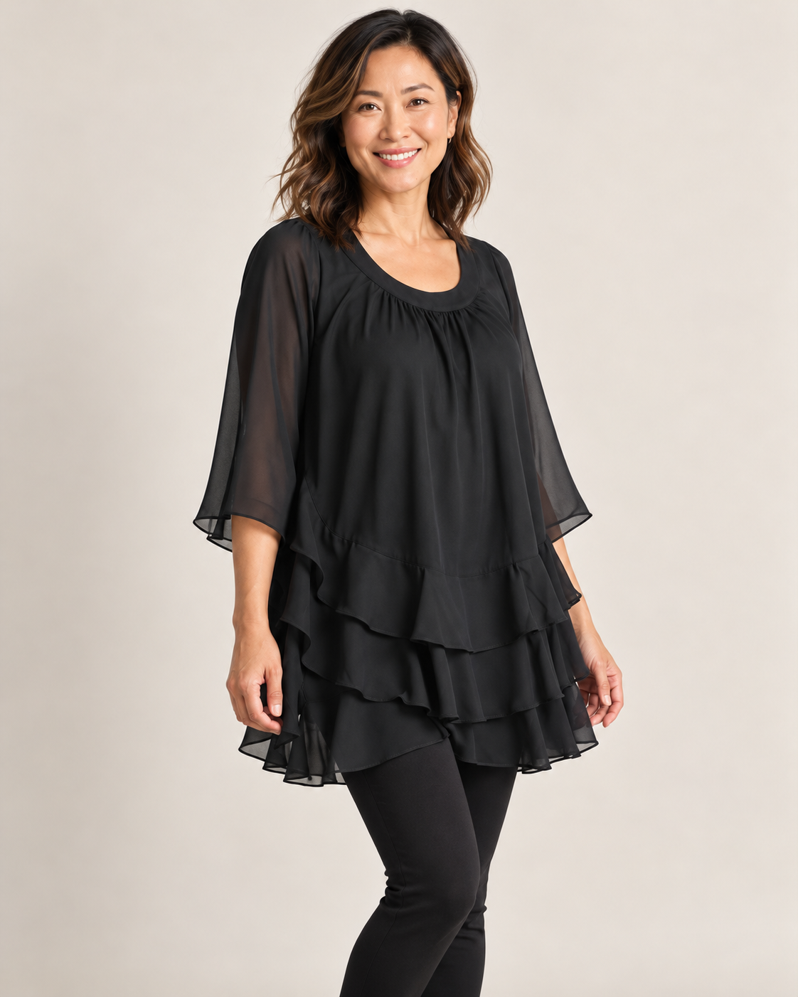 Black Chiffon Tiered Ruffle Tunic Blouse with 3/4 Sleeves - XL