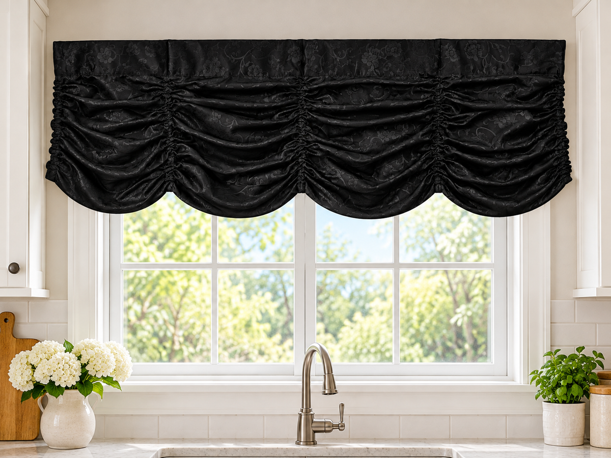 Black Floral Jacquard Scalloped Curtain Valance – 54″ × 15″