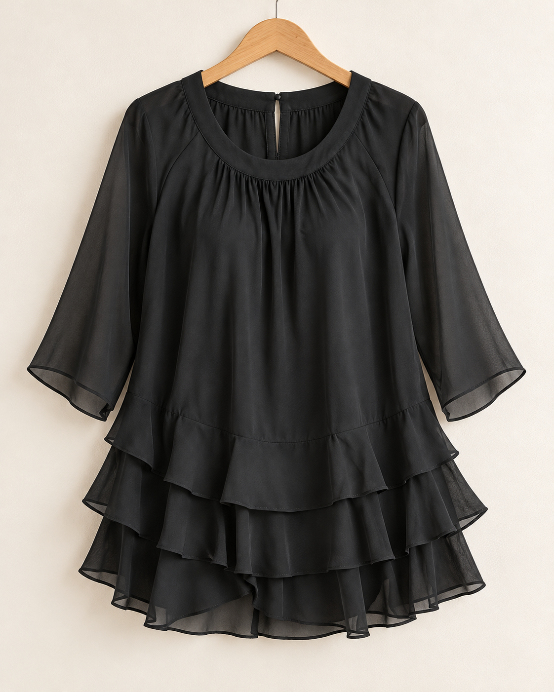 Black Chiffon Tiered Ruffle Tunic Blouse with 3/4 Sleeves - XL