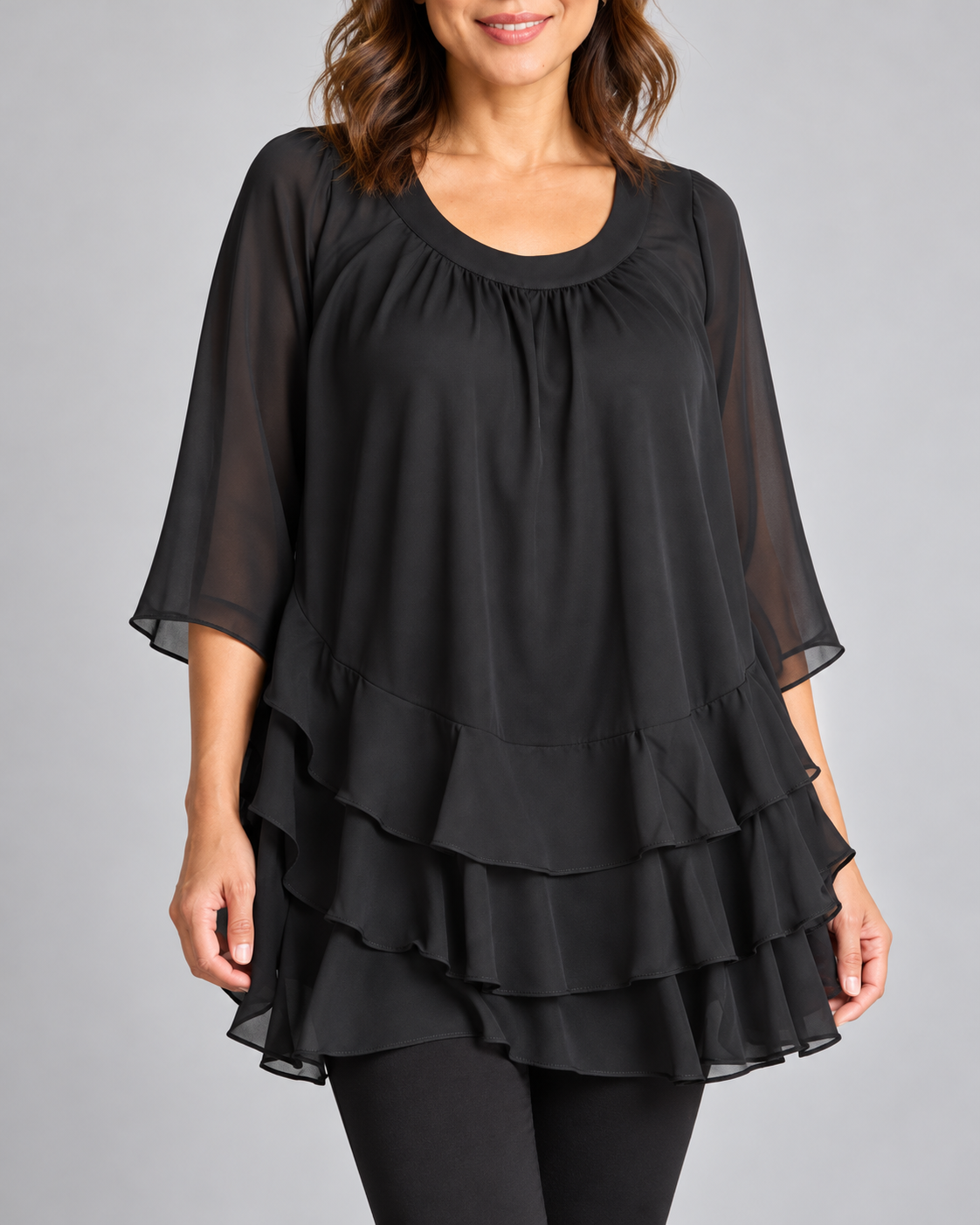 Black Chiffon Tiered Ruffle Tunic Blouse with 3/4 Sleeves - XL