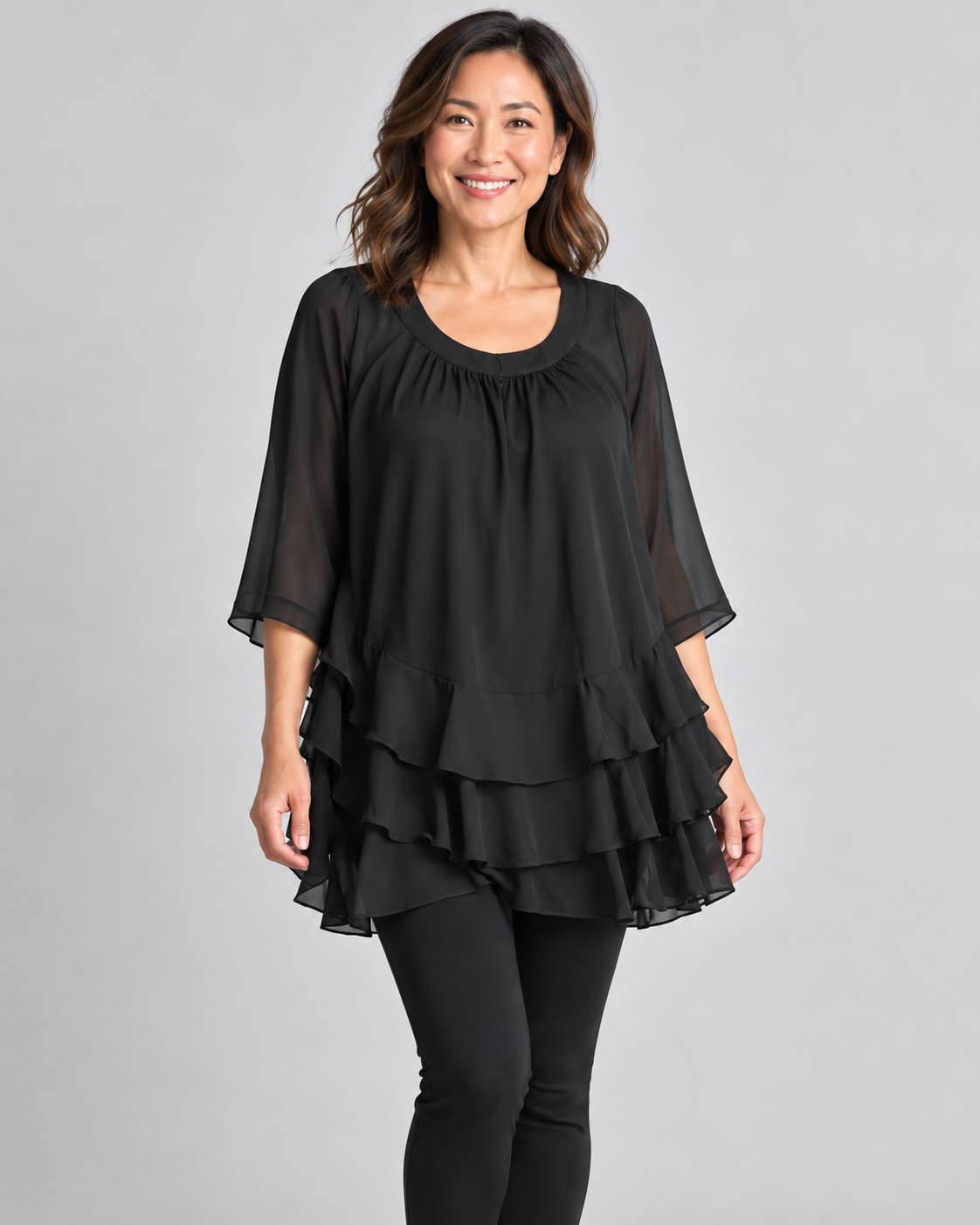 Black Chiffon Tiered Ruffle Tunic Blouse with 3/4 Sleeves - XL