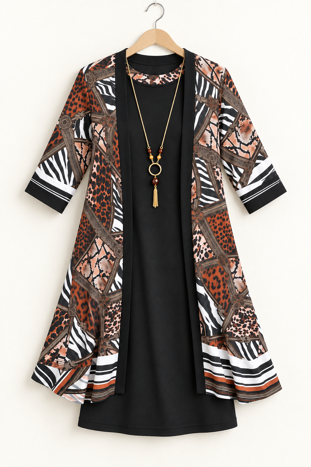 Women’s Black Dress & Animal Print Cardigan Set – Large