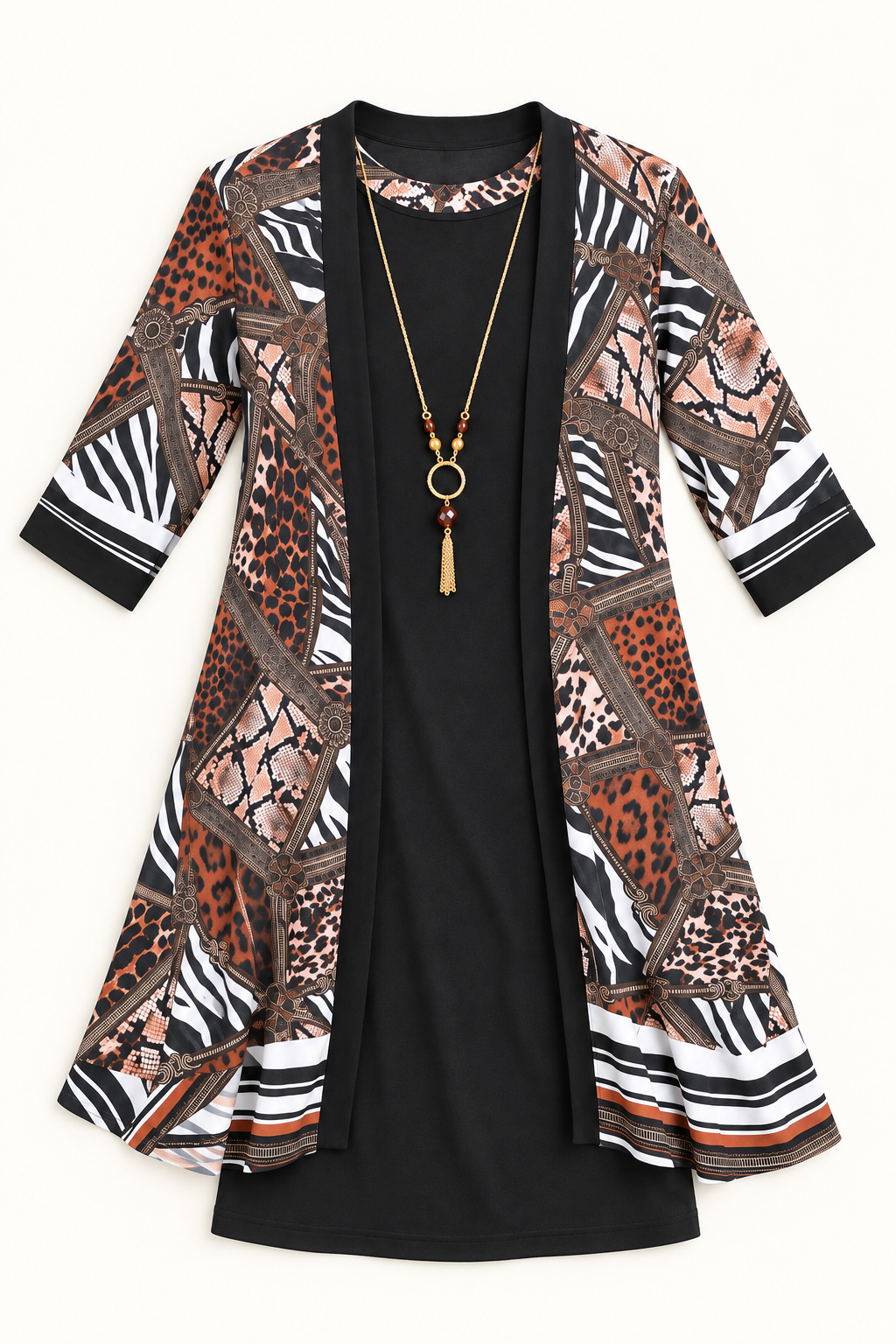 Women’s Black Dress & Animal Print Cardigan Set – Large