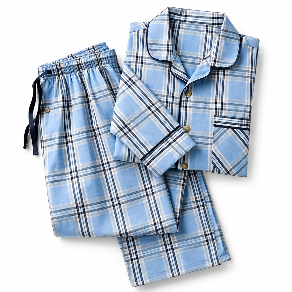 2XL Men's 2-Piece Blue Plaid Pajama Set – Long Sleeve Button-Up Sleepwear & Matching Pants