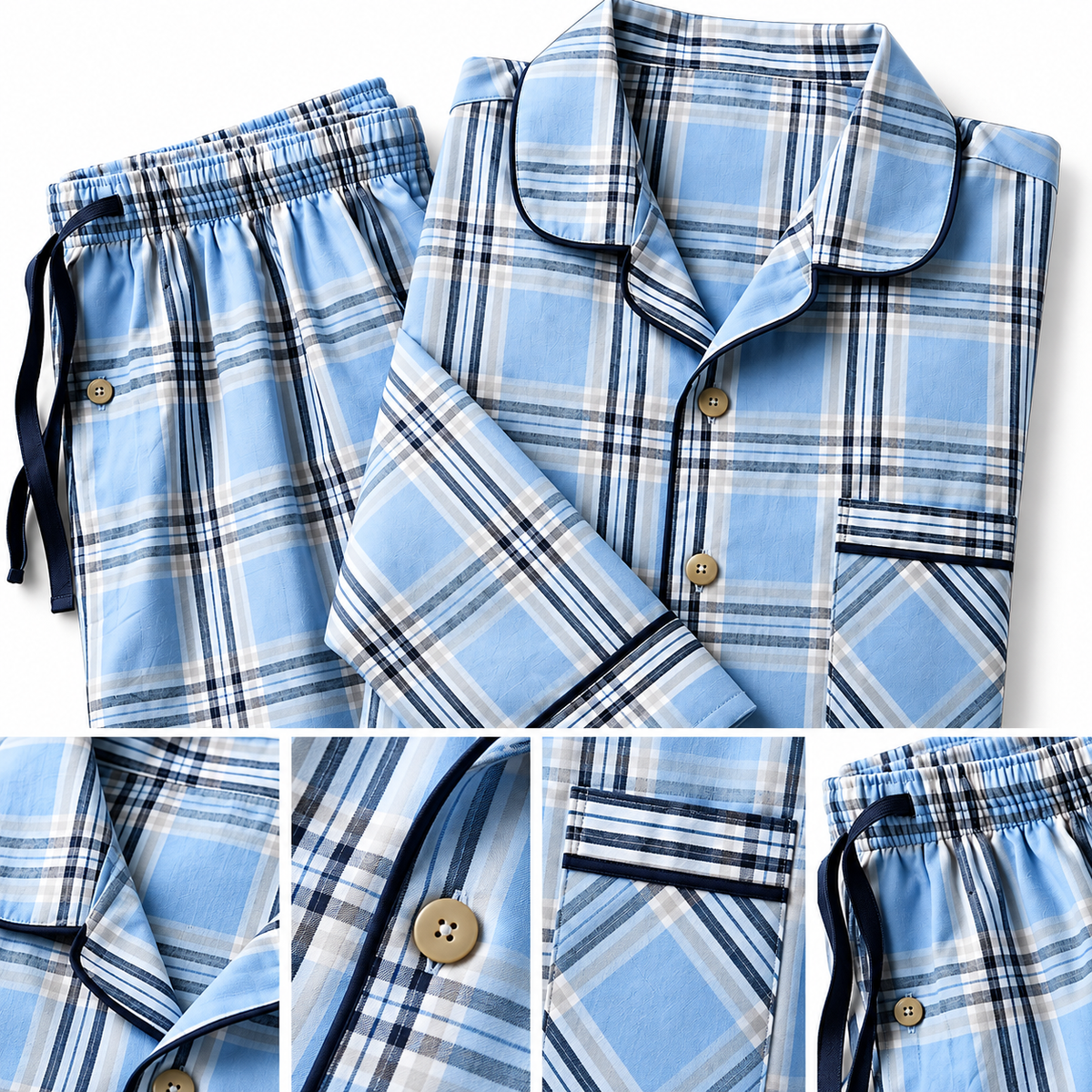 2XL Men's 2-Piece Blue Plaid Pajama Set – Long Sleeve Button-Up Sleepwear & Matching Pants