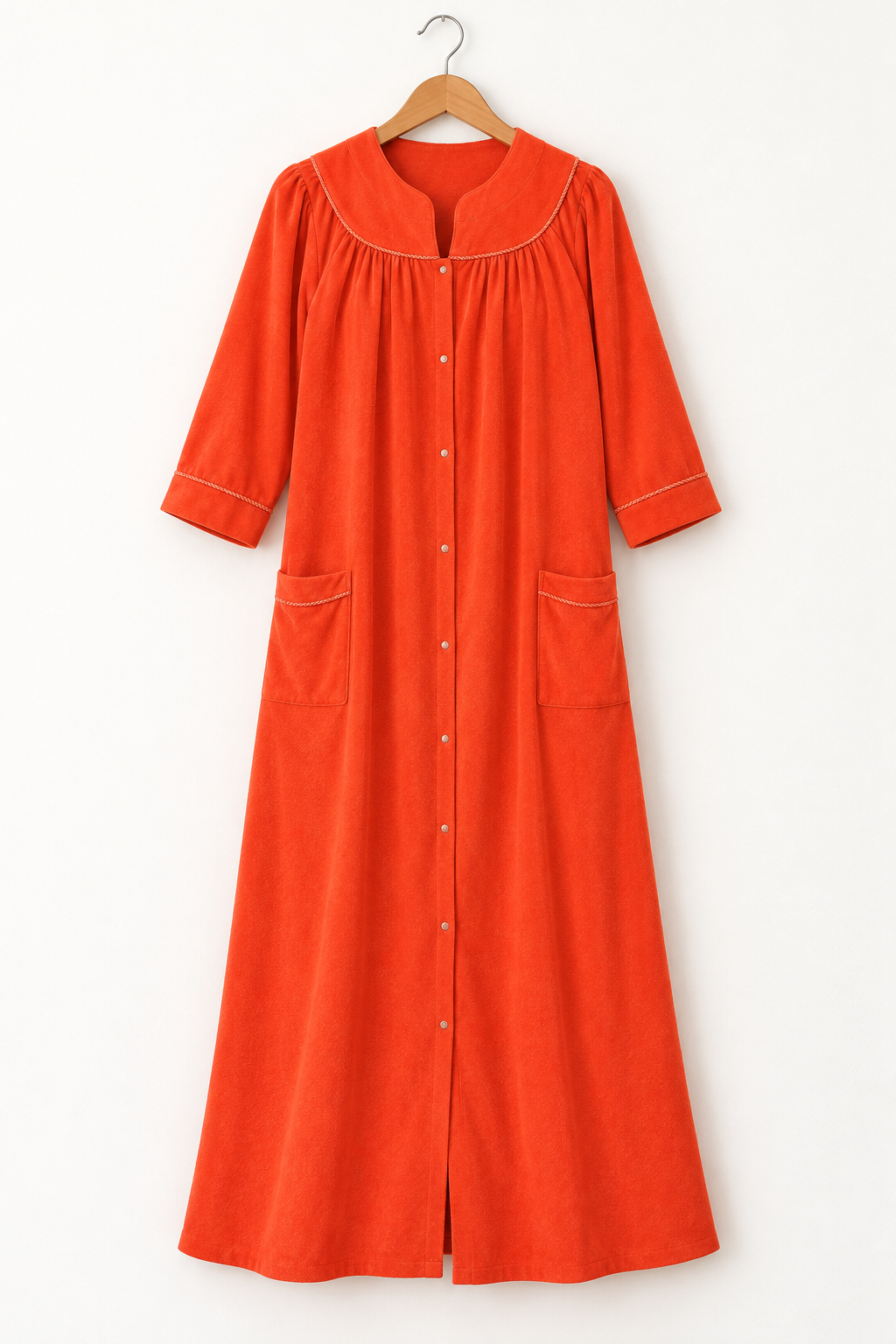 Women’s Long Snap-Front Terry Robe – Coral Red – Size Medium