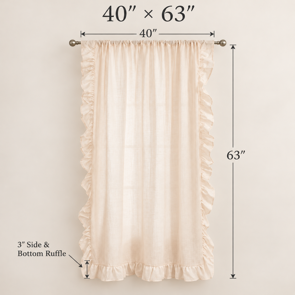 Cream Beige Sheer Ruffled Curtain Panel – 40″ × 63″ – Rod Pocket