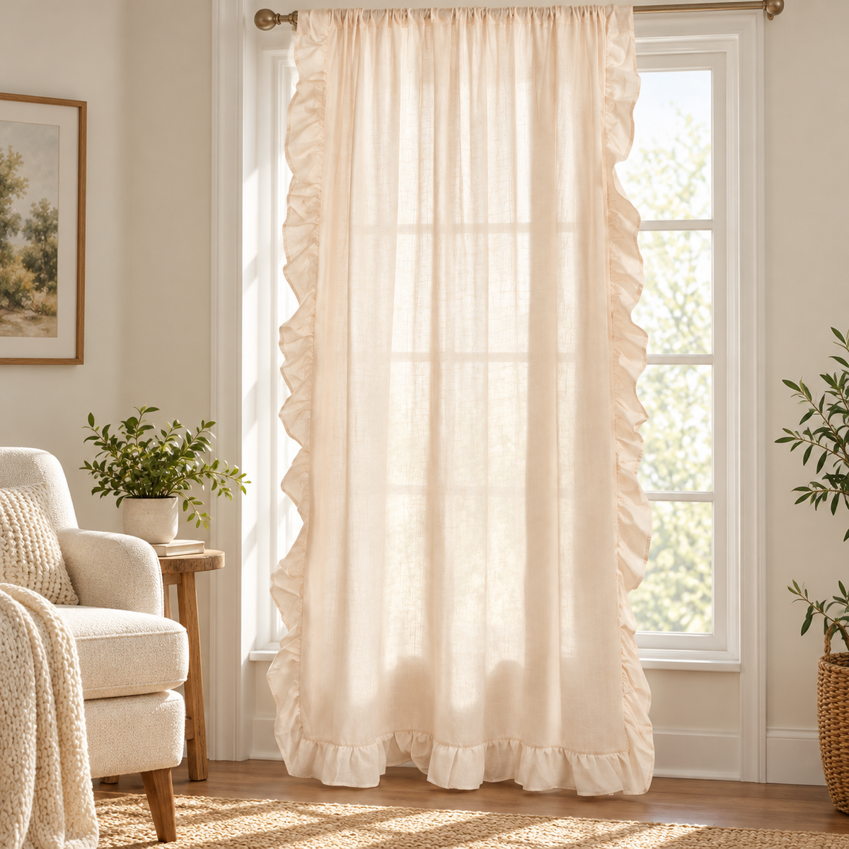 Cream Beige Sheer Ruffled Curtain Panel – 40″ × 63″ – Rod Pocket