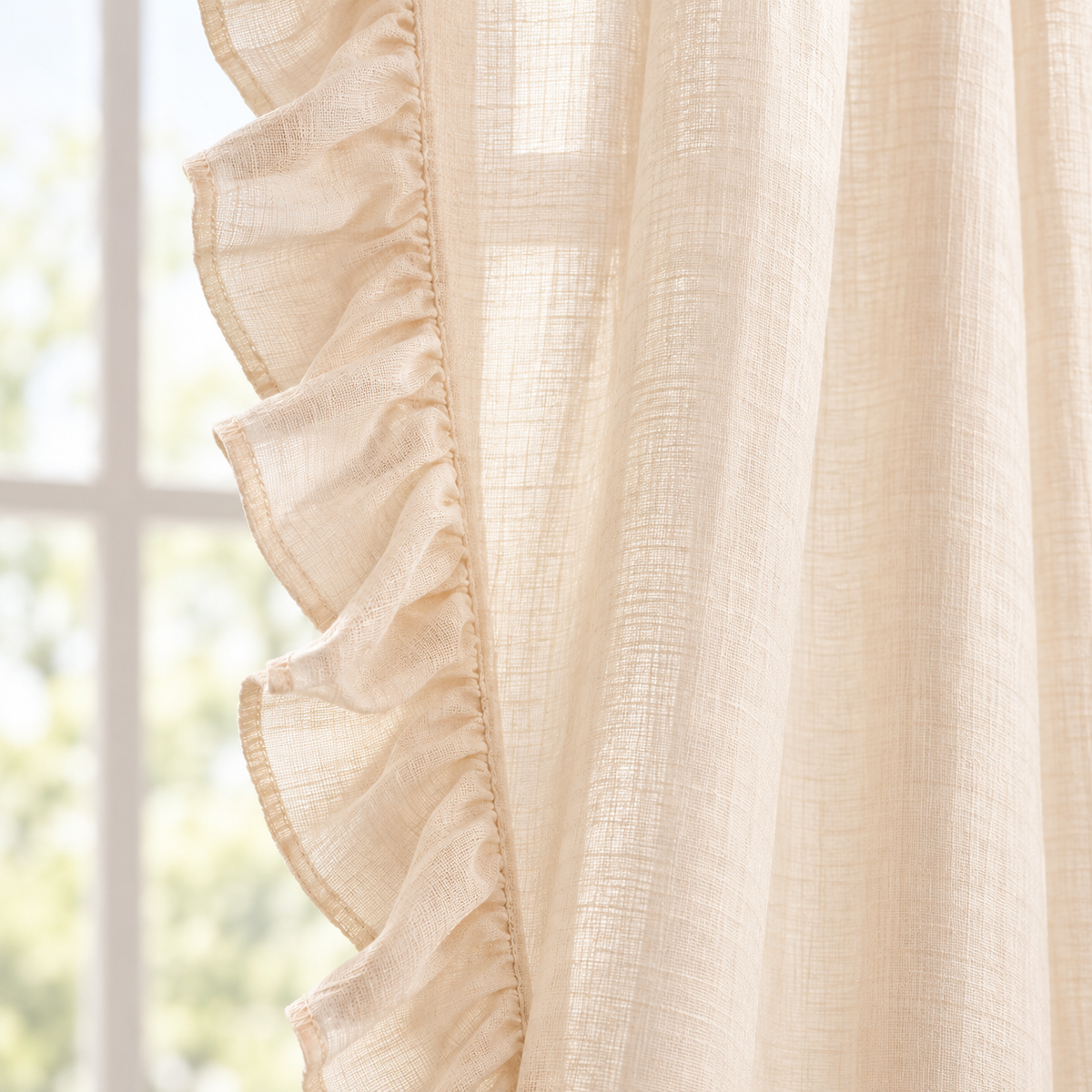 Cream Beige Sheer Ruffled Curtain Panel – 40″ × 63″ – Rod Pocket