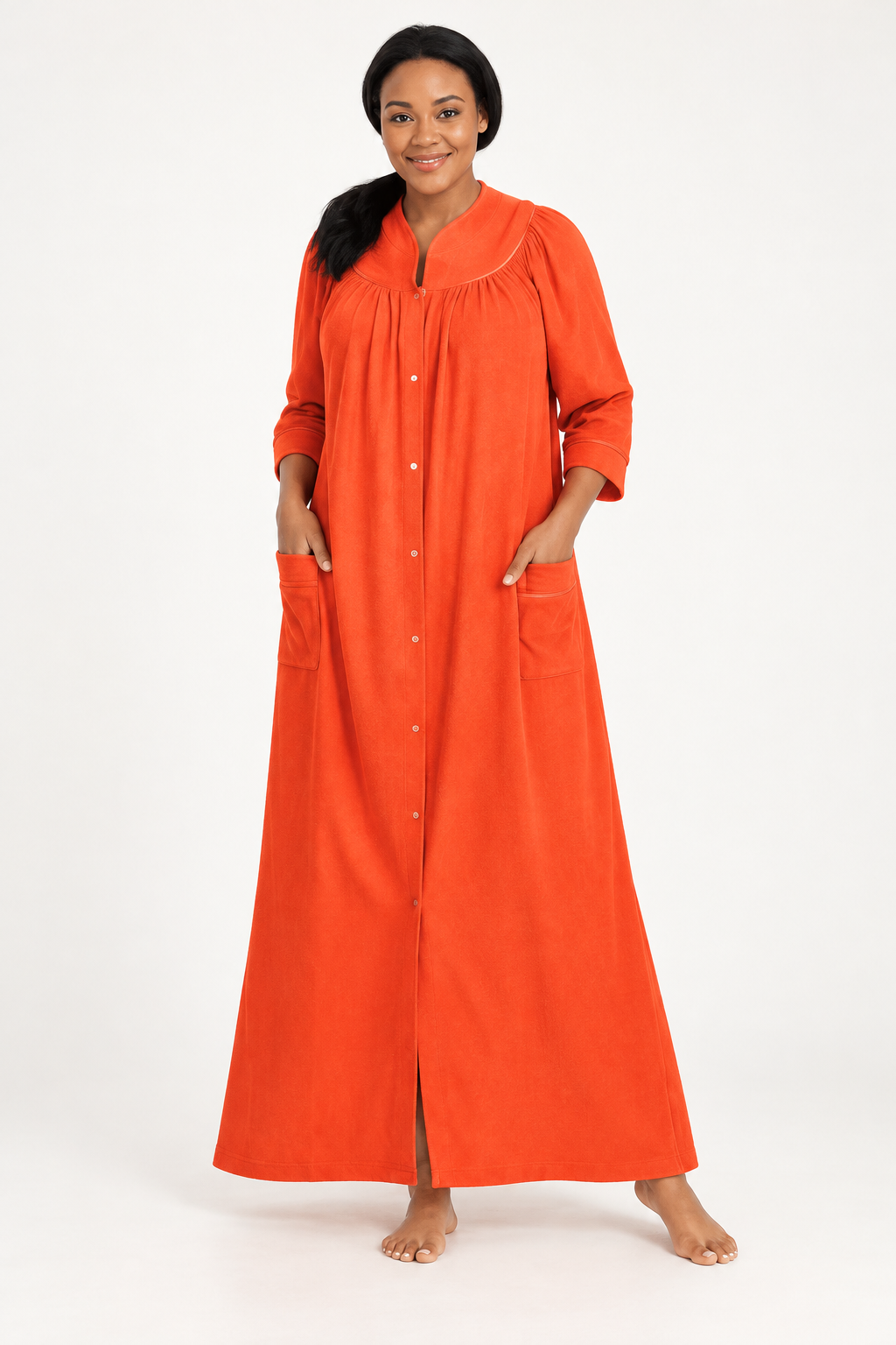 Women’s Long Snap-Front Terry Robe – Coral Red – Size Medium