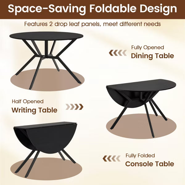 Folding Dining Table 47" Extendable Round Kitchen Table w/Drop Leaves for Home Black