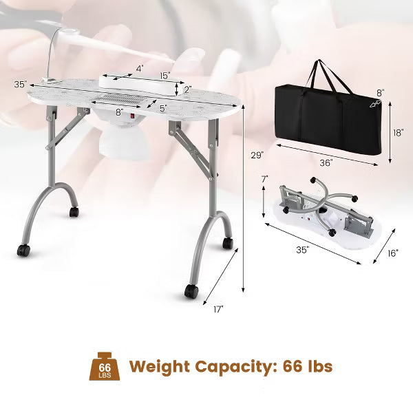 Costway Folding & Portable Manicure Table with Dust Collector LED Lamp Carry Bag White