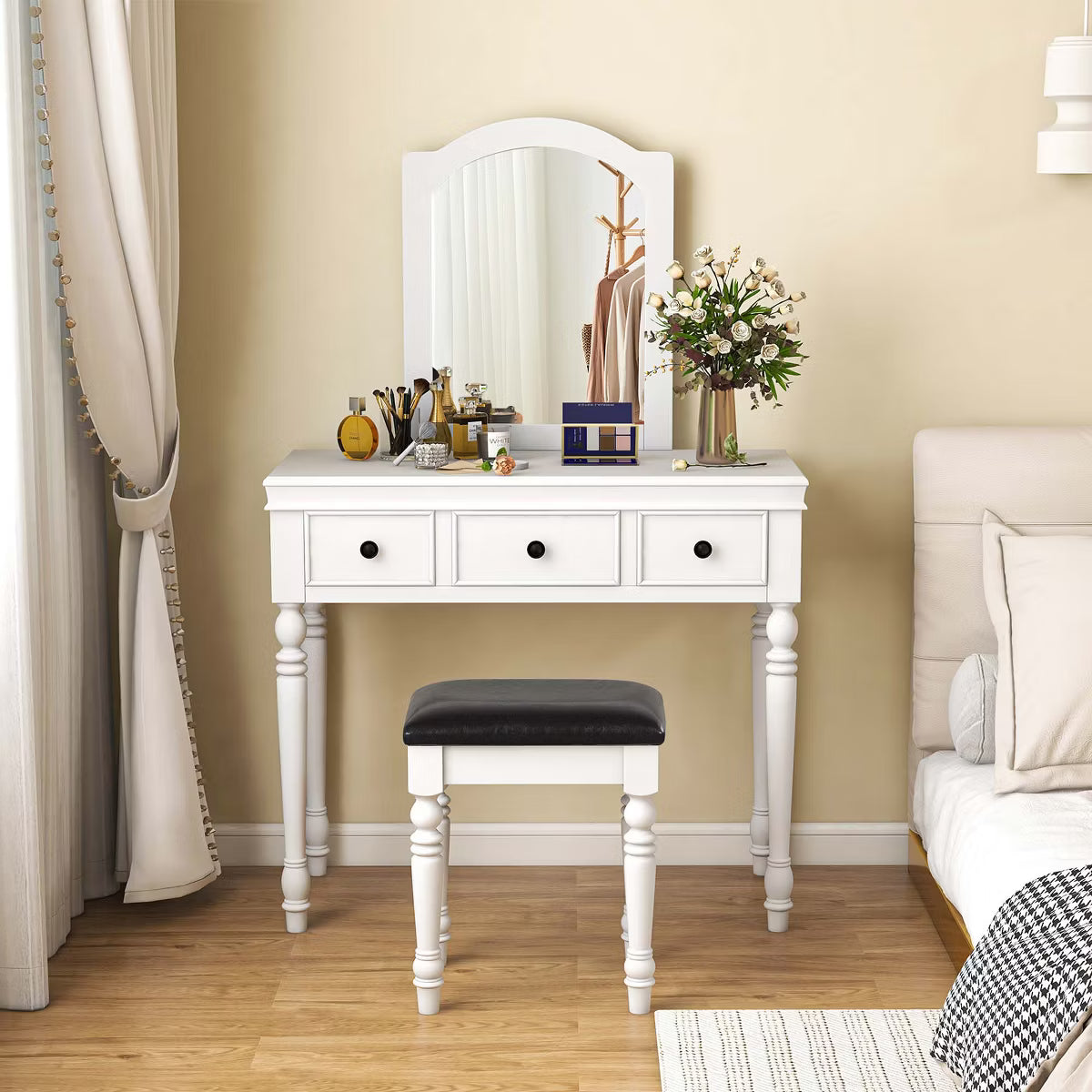 Vanity Table Set Makeup Desk Cushioned Stool 3 Drawer Large Mirror White