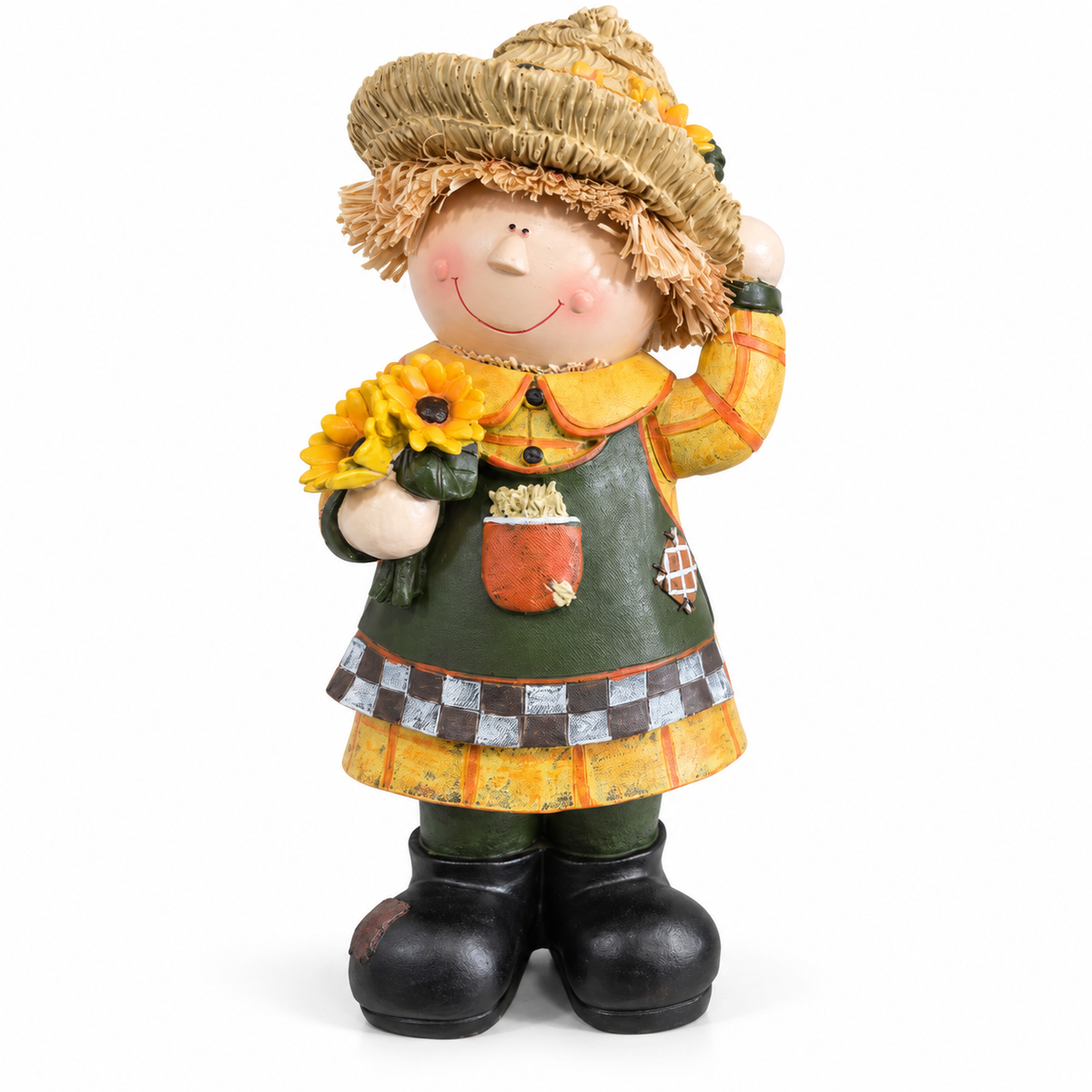Harvest Scarecrow Couple Figurine Set with Sunflowers & Lantern – Approx. 14" Tall