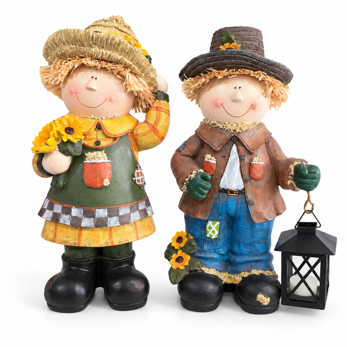 Harvest Scarecrow Couple Figurine Set with Sunflowers & Lantern – Approx. 14" Tall