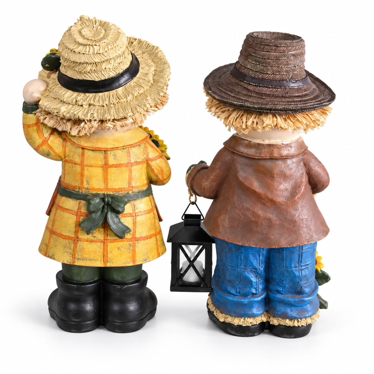 Harvest Scarecrow Couple Figurine Set with Sunflowers & Lantern – Approx. 14" Tall