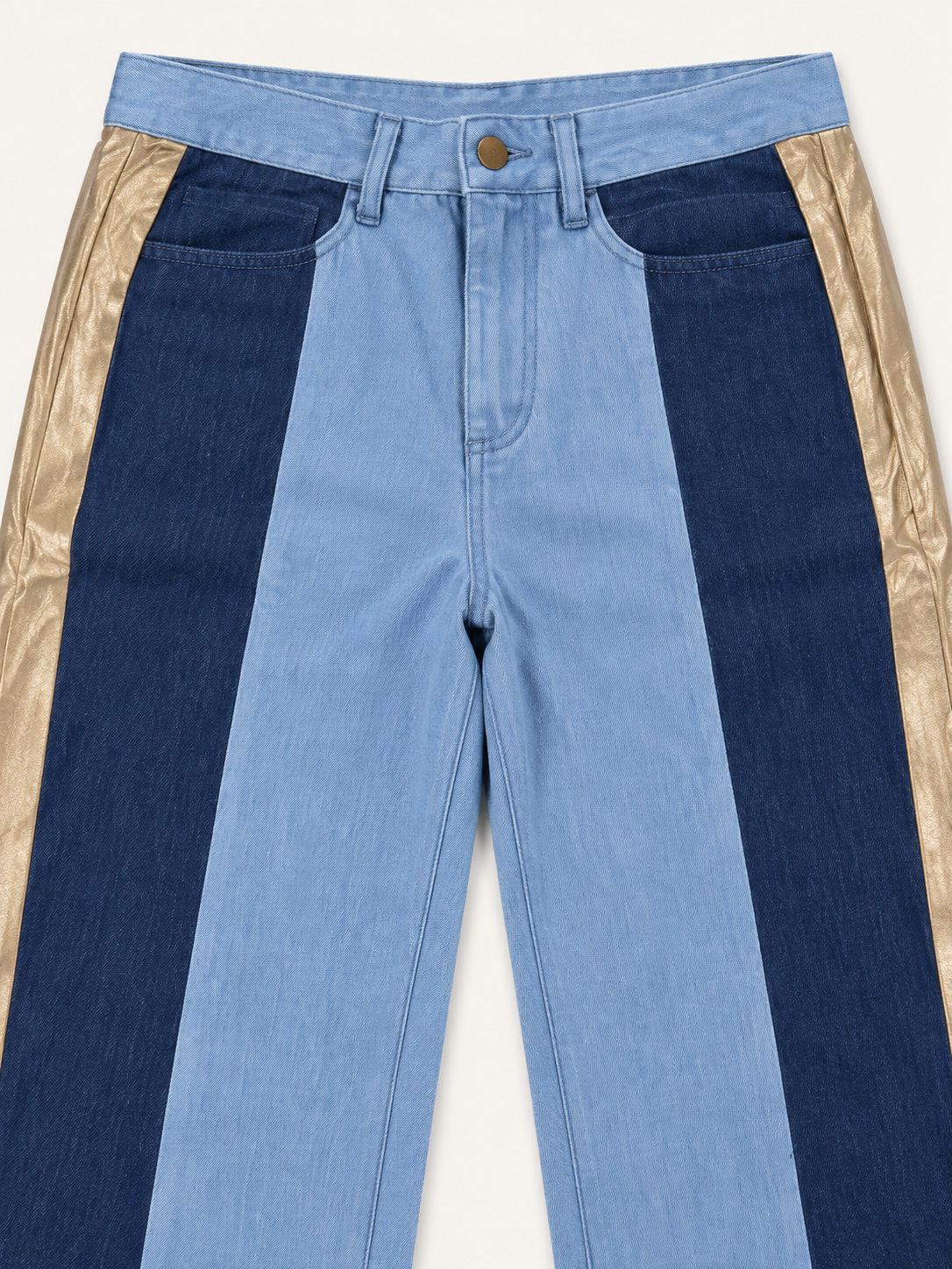 Women’s Two-Tone Blue Denim Pants with Gold Side Stripes – Size 10