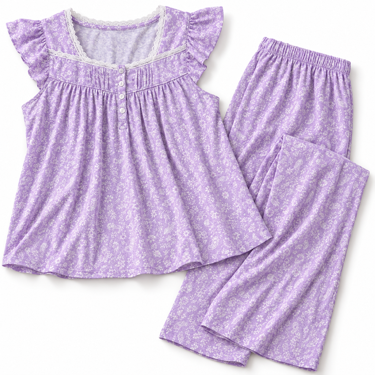 Women’s 3XL Lavender Floral Lace-Trim Pajama Set – 2 Piece