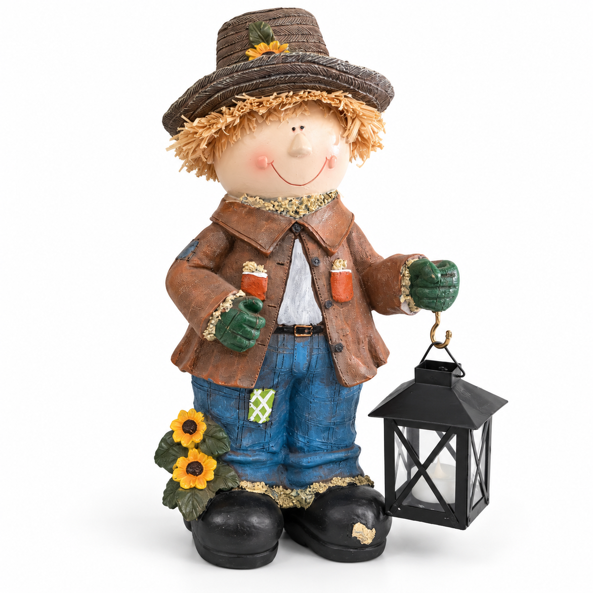 Harvest Scarecrow Couple Figurine Set with Sunflowers & Lantern – Approx. 14" Tall