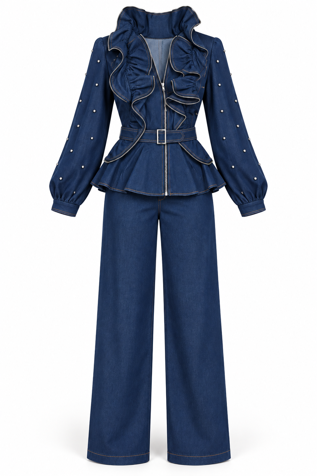 Women’s Navy Denim Ruffle Jacket & Pants Set – Size 24W