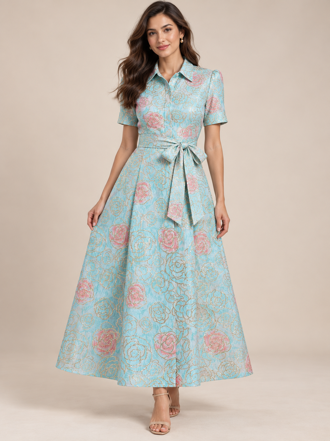 Aqua Floral Collared Dress with Waist Tie – Size 15