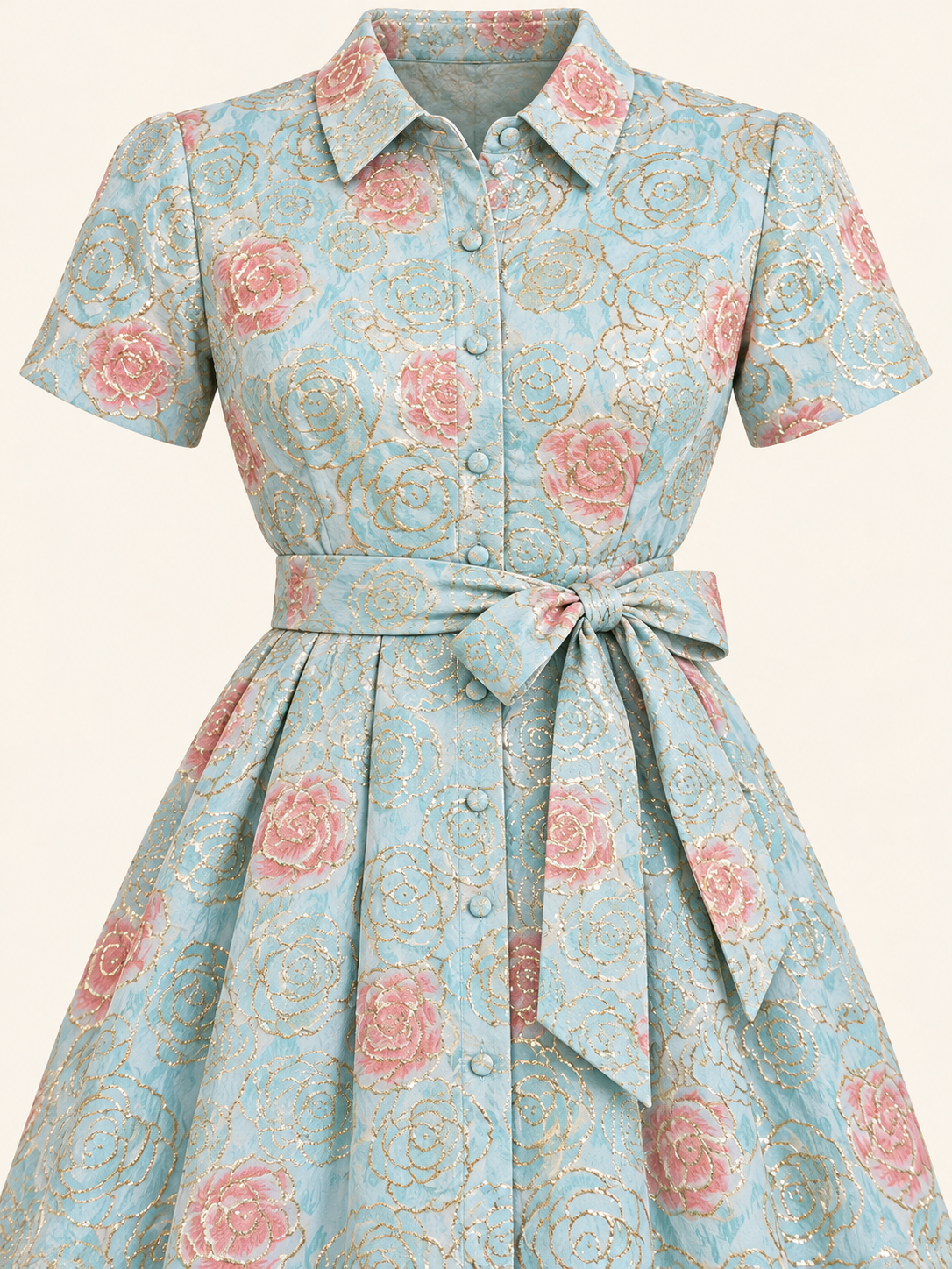 Aqua Floral Collared Dress with Waist Tie – Size 15