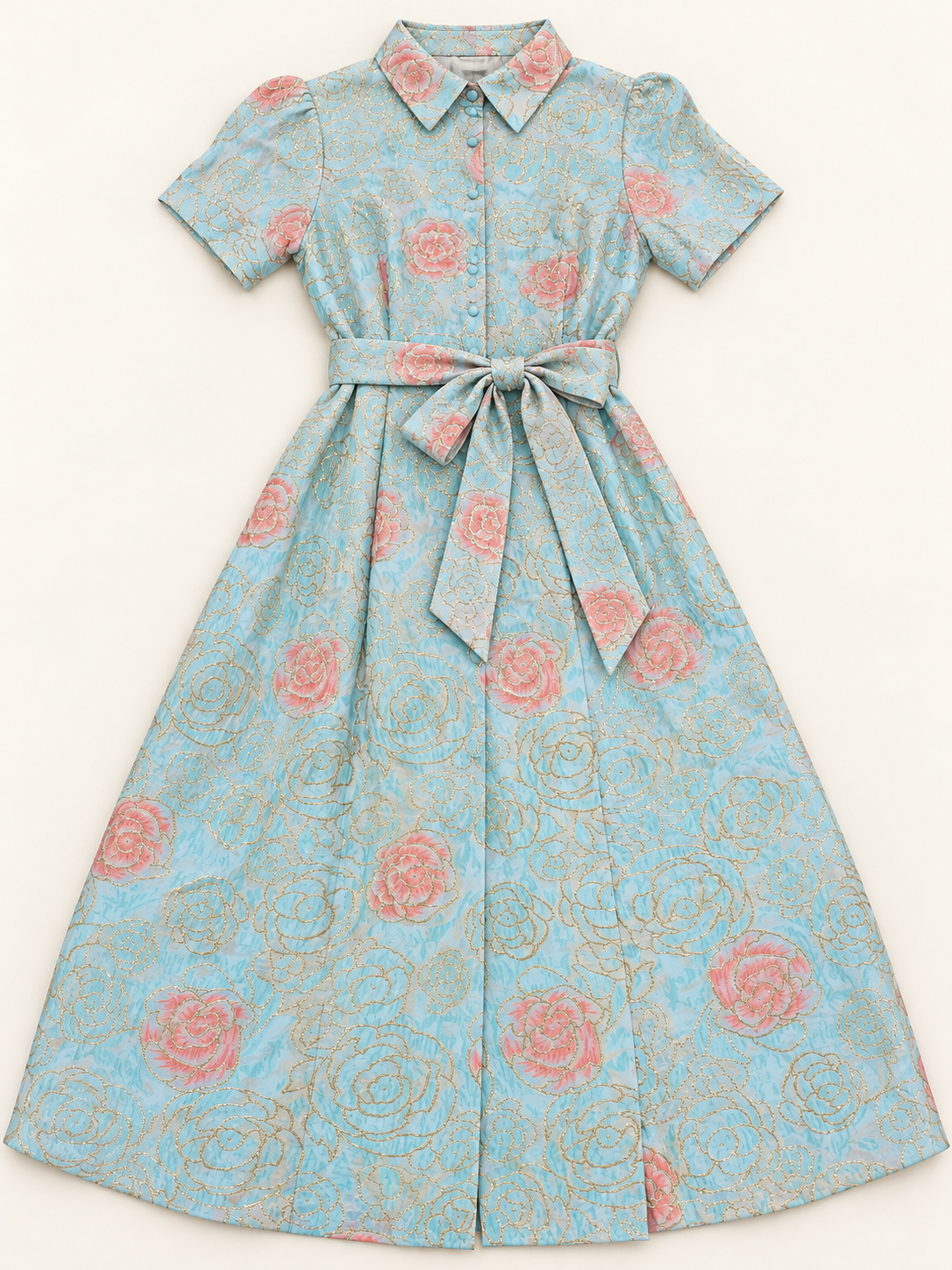 Aqua Floral Collared Dress with Waist Tie – Size 15
