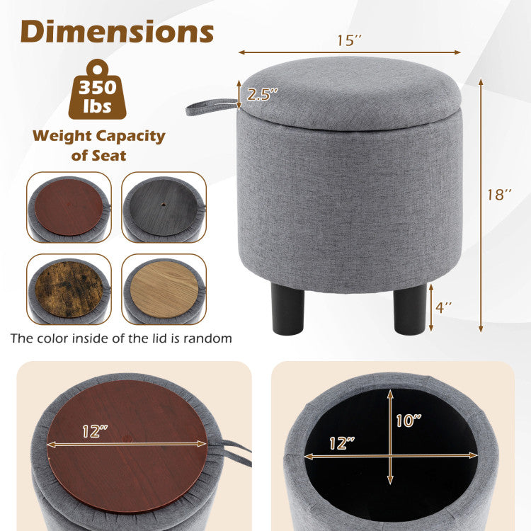 Round Storage Ottoman Linen Fabric Upholstered Footrest Stool