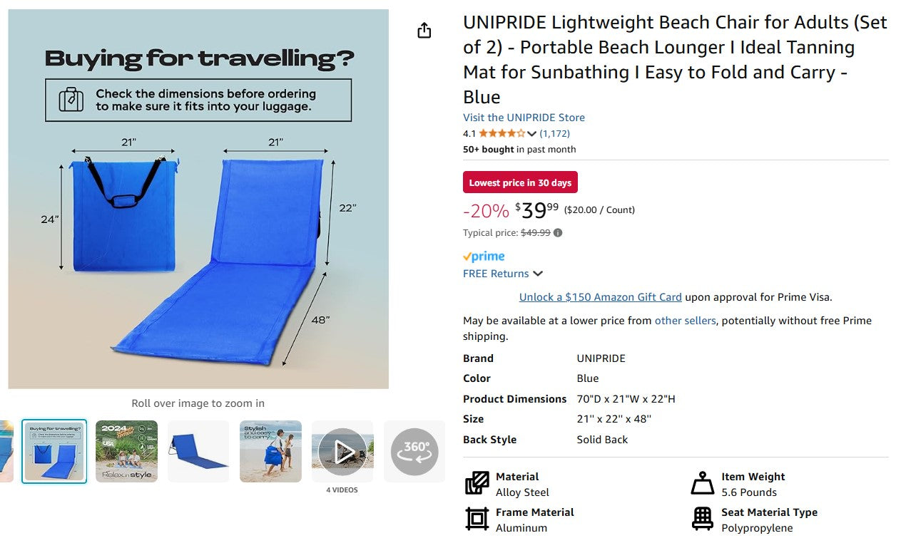 Lightweight Beach Chair for Adults - Portable Beach Lounger Unpride