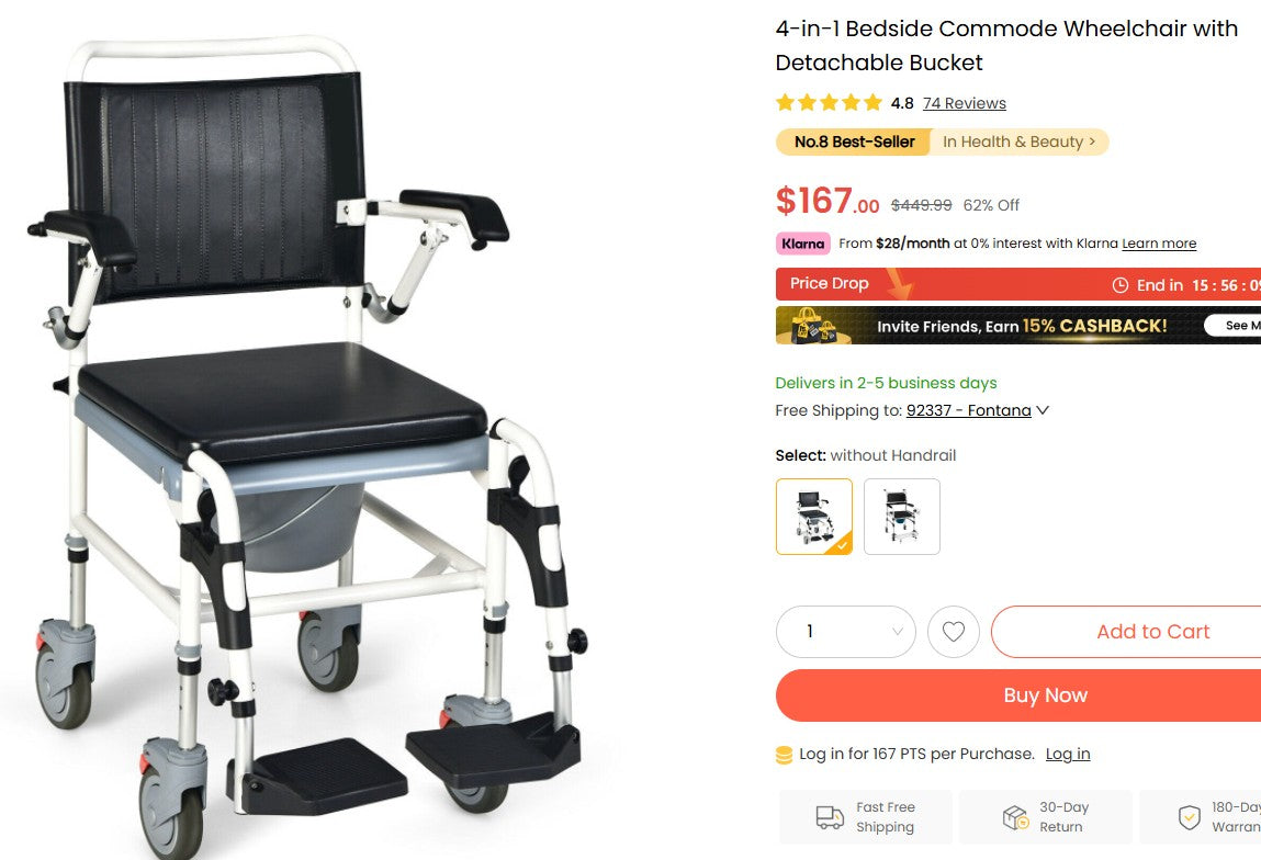 4-in-1 Bedside Commode Wheelchair with Detachable Bucket Costway