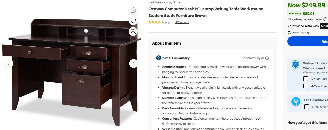 Costway Computer Desk PC Laptop Writing Table Workstation Student Study Furniture Brown Costway